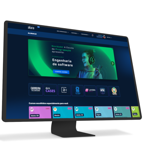 Um monitor e um celular com Alura Plus aberto